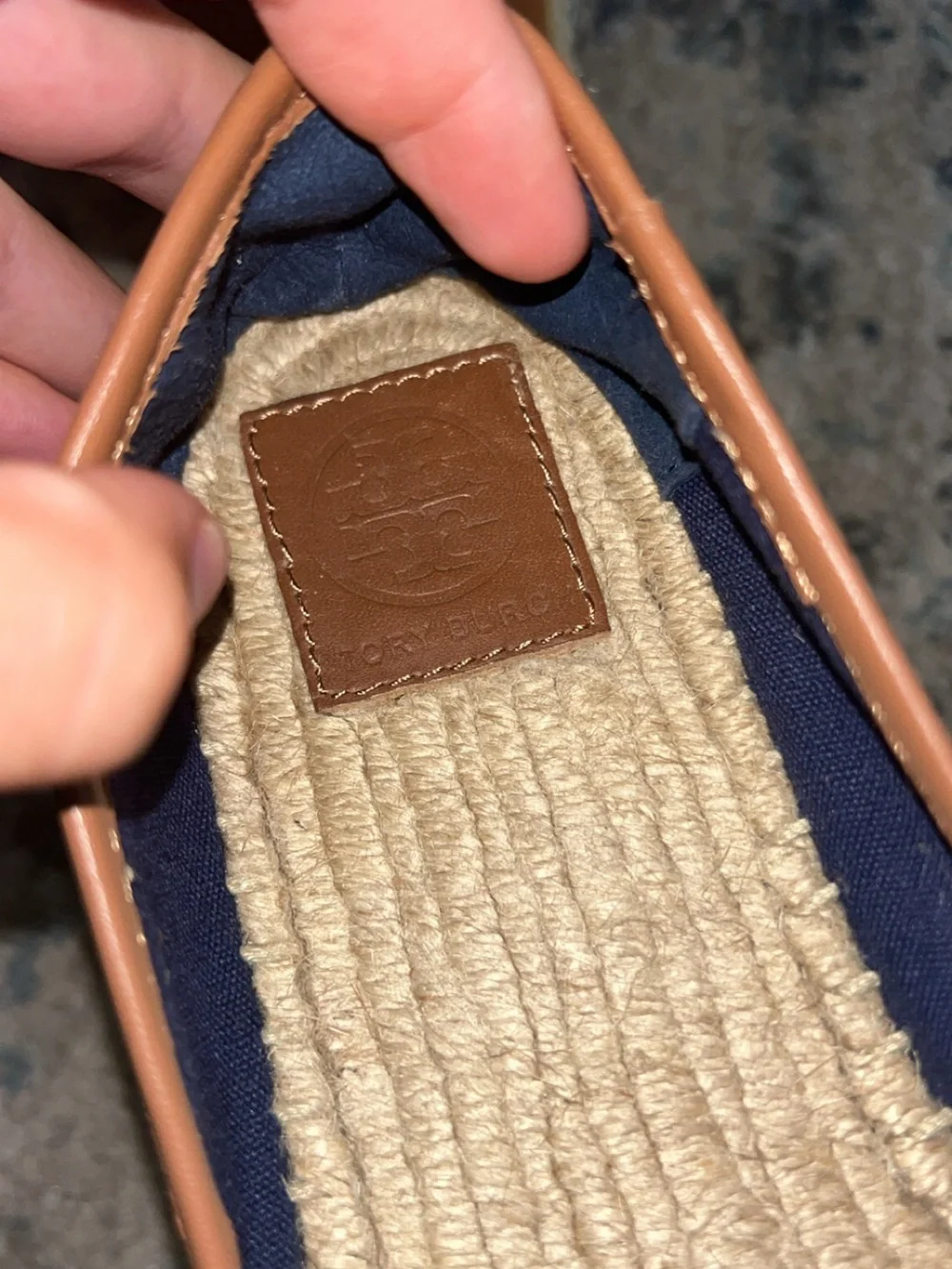 Tory Burch Navy Canvas Espadrilles with Red Anchor and Brown Trim